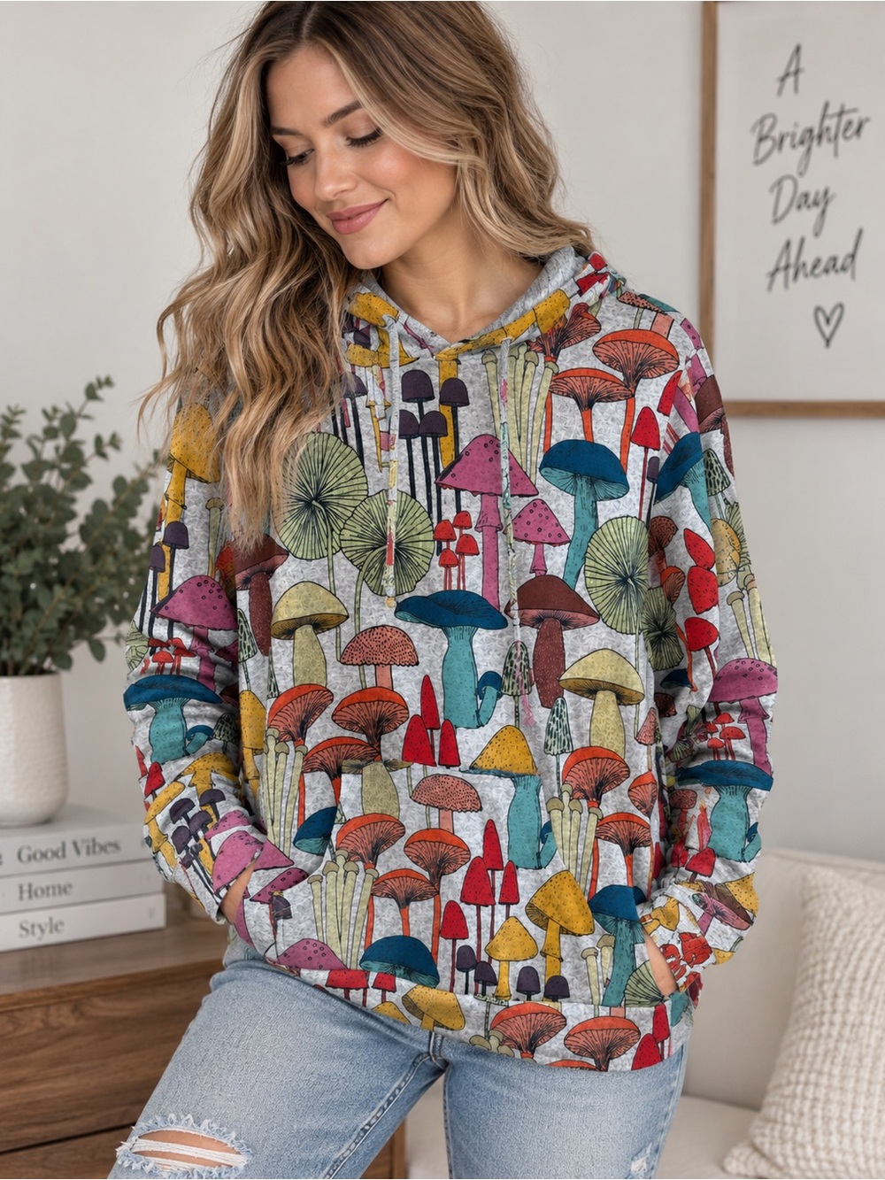 L.A. SOUL Mushroom Print Hoodie Women’s L Colorful Retro Boho Pullover